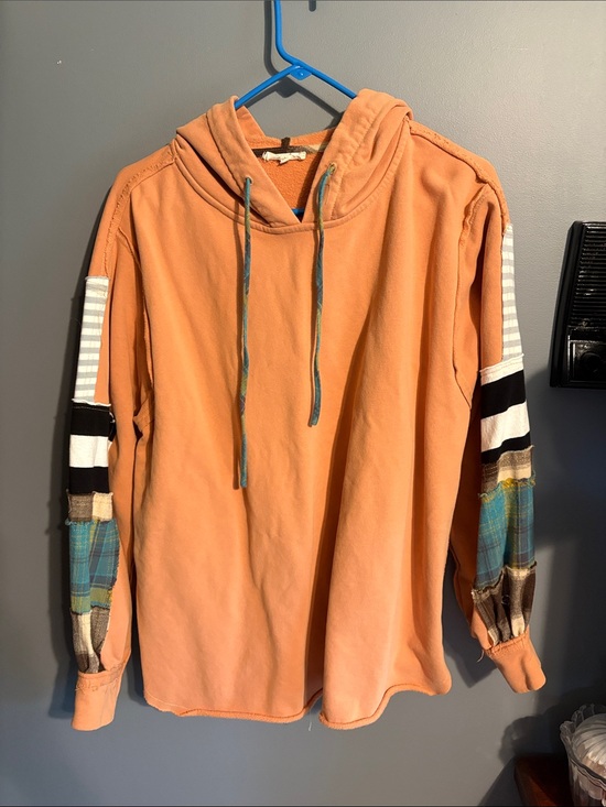 easel Tops - easel Orange Hoodie with Mixed-Pattern Sleeves
